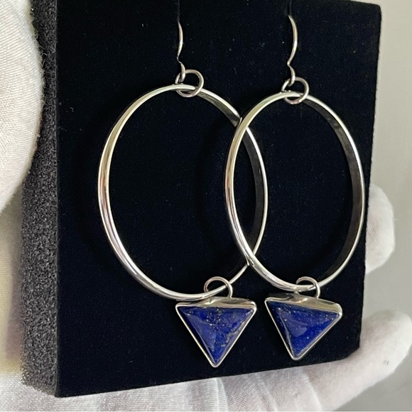 Silver Hoop Lapis Lazuli Drop Earrings - Picture 9 of 9